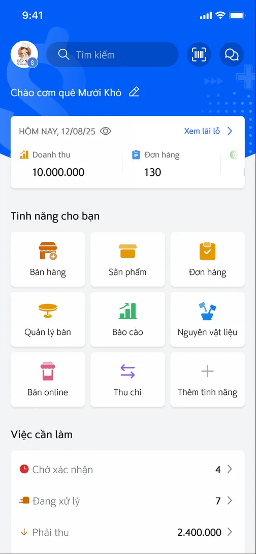 Màn hình trang chủ ứng dụng Shinhan Store: doanh thu, đơn hàng trong ngày và các tính năng quản lý cửa hàng